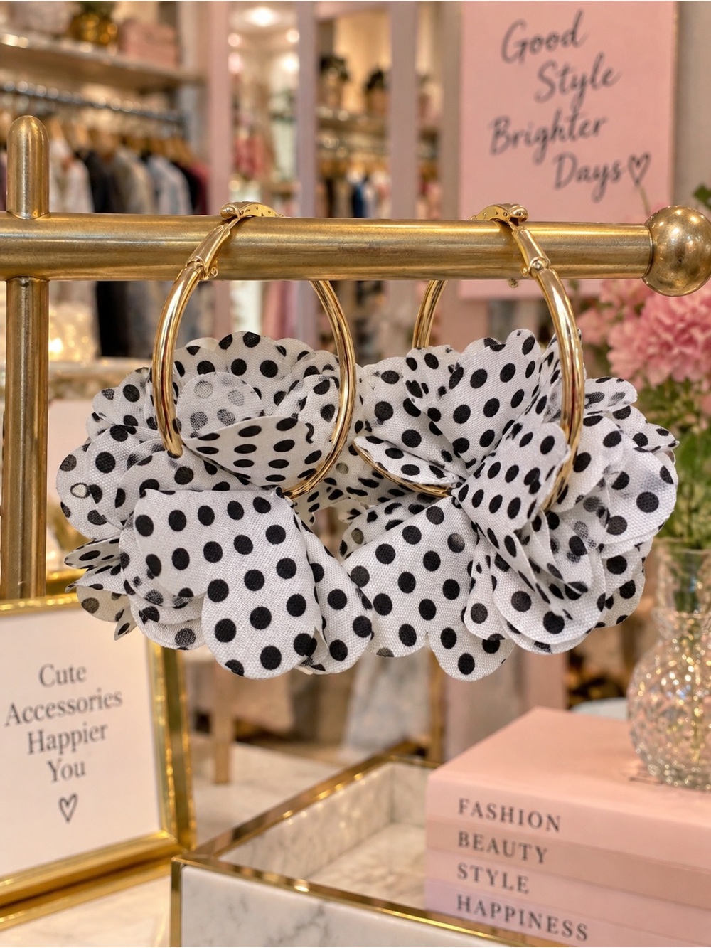 Polka Dot Floral Fabric Gold Hoop Earrings - White & Black NWOT